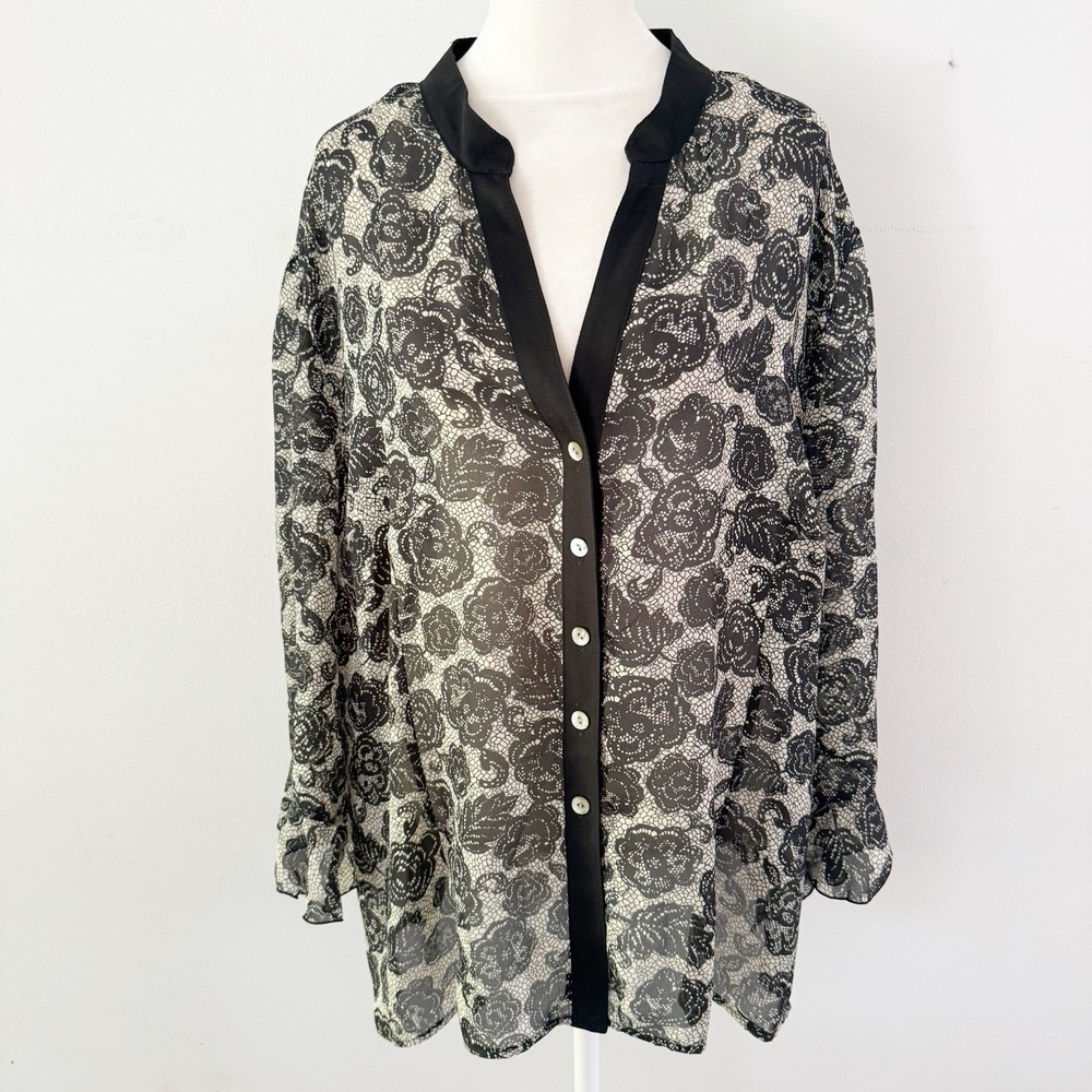 Vintage 90s Sheer Blouse Women 24W Black Floral Lace Goth Whimsigoth Romantic